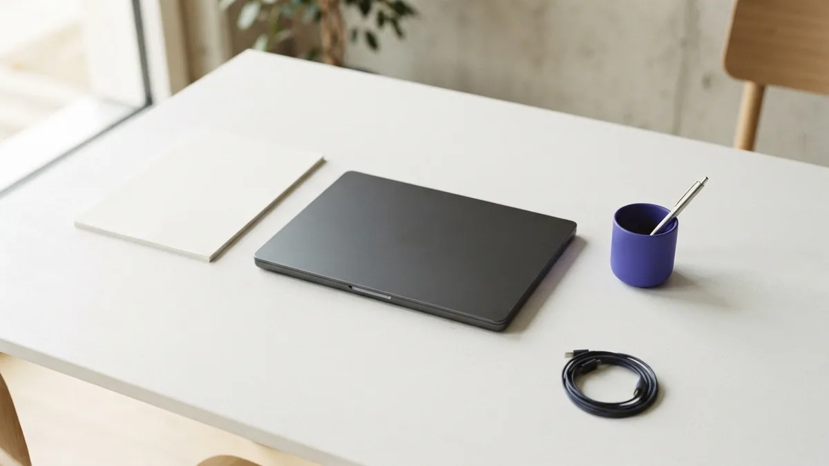 Minimal laptop workspace with blank paper and a subtle violet accent for a lasting tech career