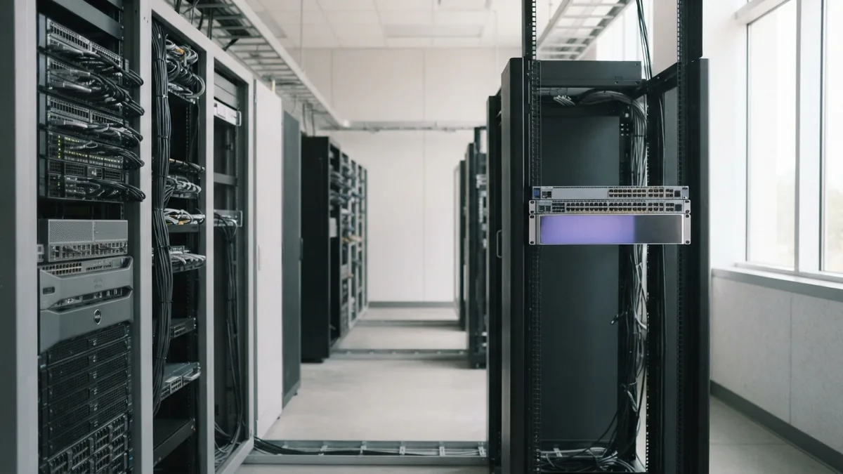 Software engineering systems Bright server aisle and network hardware showing the wider scope of software engineering