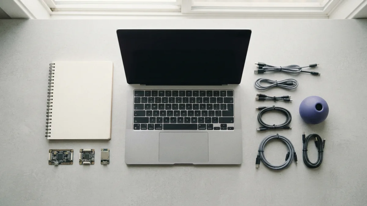 Clean technical workspace with laptop, cables, and hardware for comparing development fields