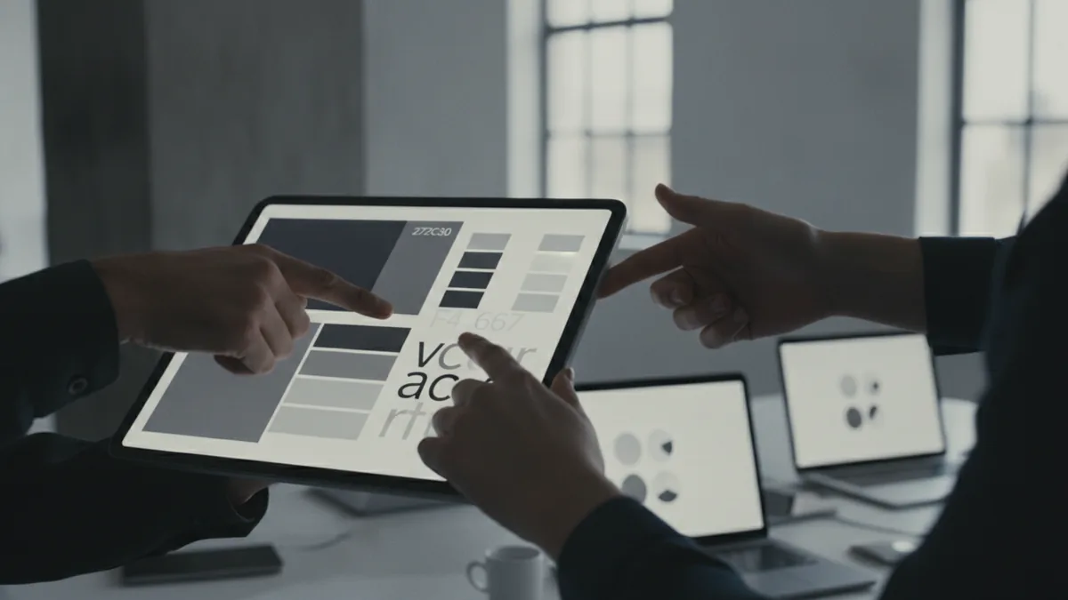 Alignment for branding decisions People reviewing a mood board together to align on brand look and feel.