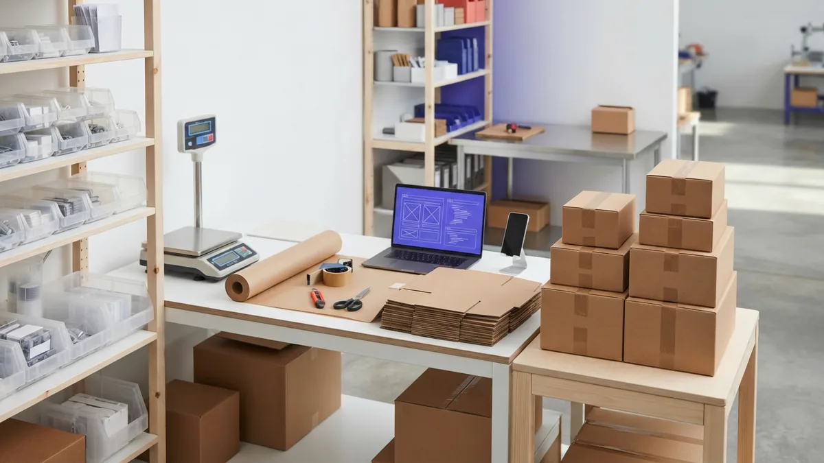 A smooth ecommerce fulfilment workflow Neat packing station with product bins and parcels for controlled ecommerce operations