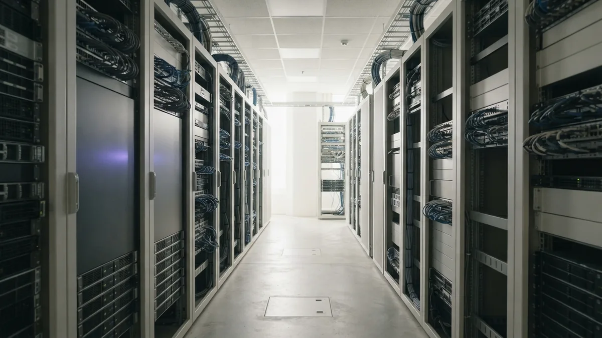 Orderly server hardware and network cables Bright server aisle with neat cable paths and a subtle indigo security reflection