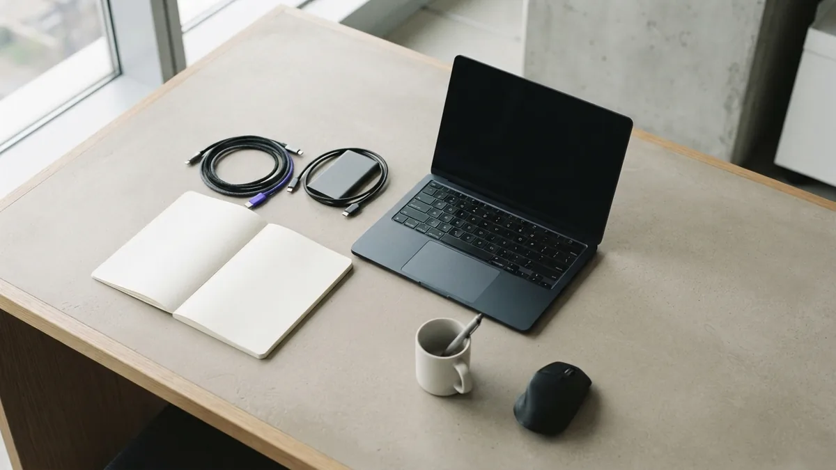 Clean desk with offline security devices Blank notebook and offline laptop beside cables on a clean grey desk