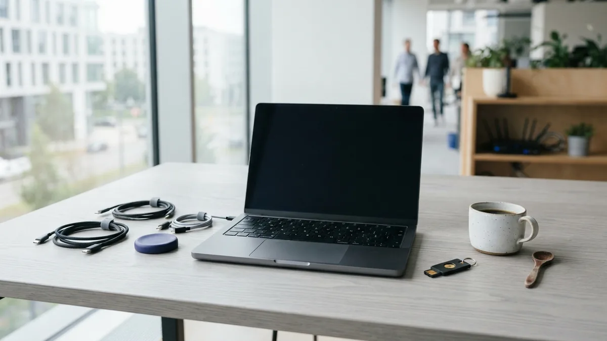 Closed laptop and hardware security key arranged on a bright tidy desk
