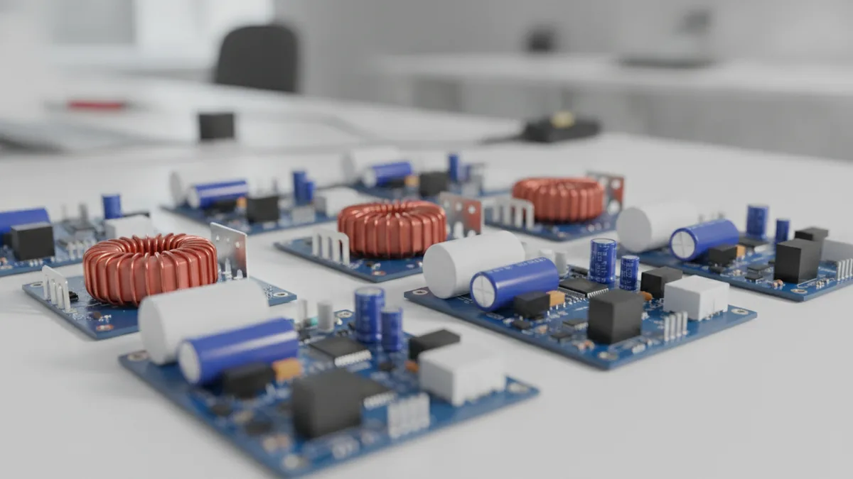 Circuit boards and power modules showing several stages of electrical conversion