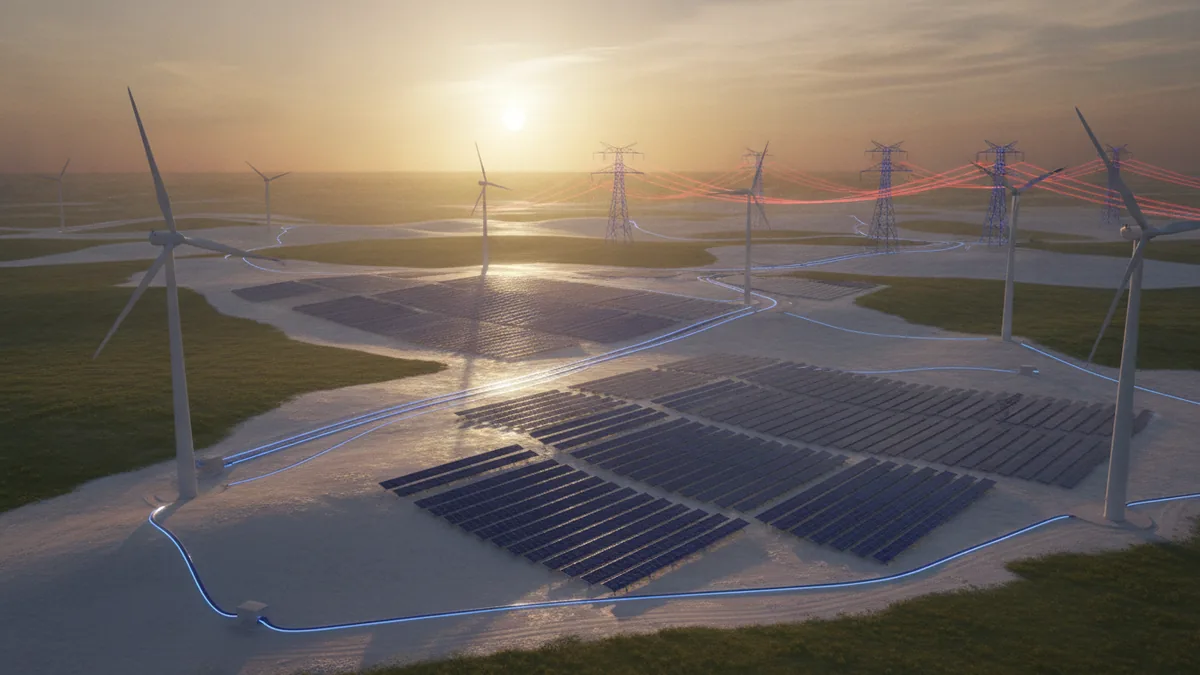 Wind turbines and solar panels feeding electricity toward a regional grid
