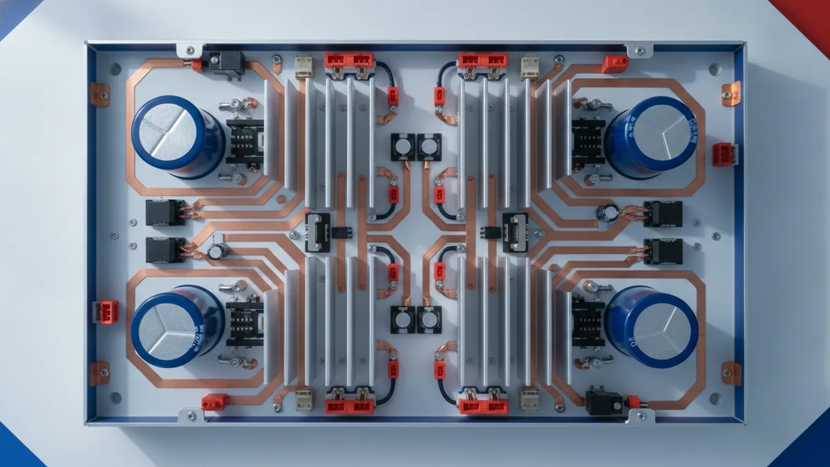 Key components inside a power converter Power conversion parts with heat sinks, capacitors, sensors, and circuit paths