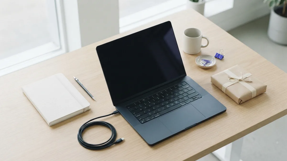 Minimal digital storefront workspace with blank laptop, parcel, notebook, and cables