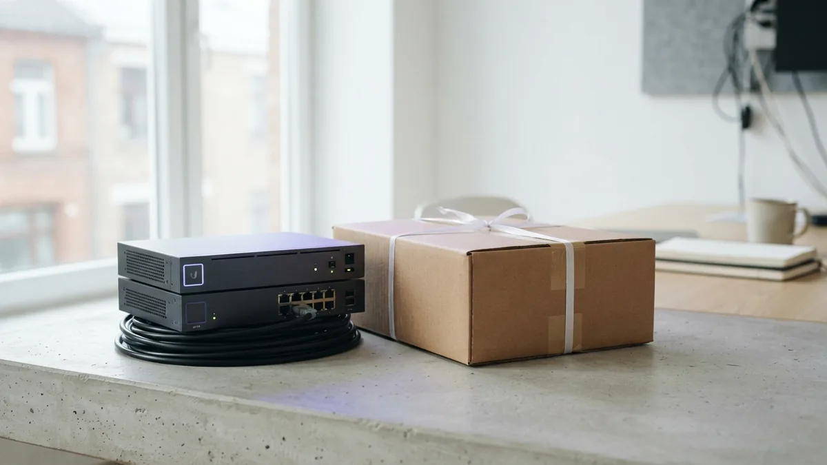 Server hardware and packed parcel showing the systems behind ecommerce delivery