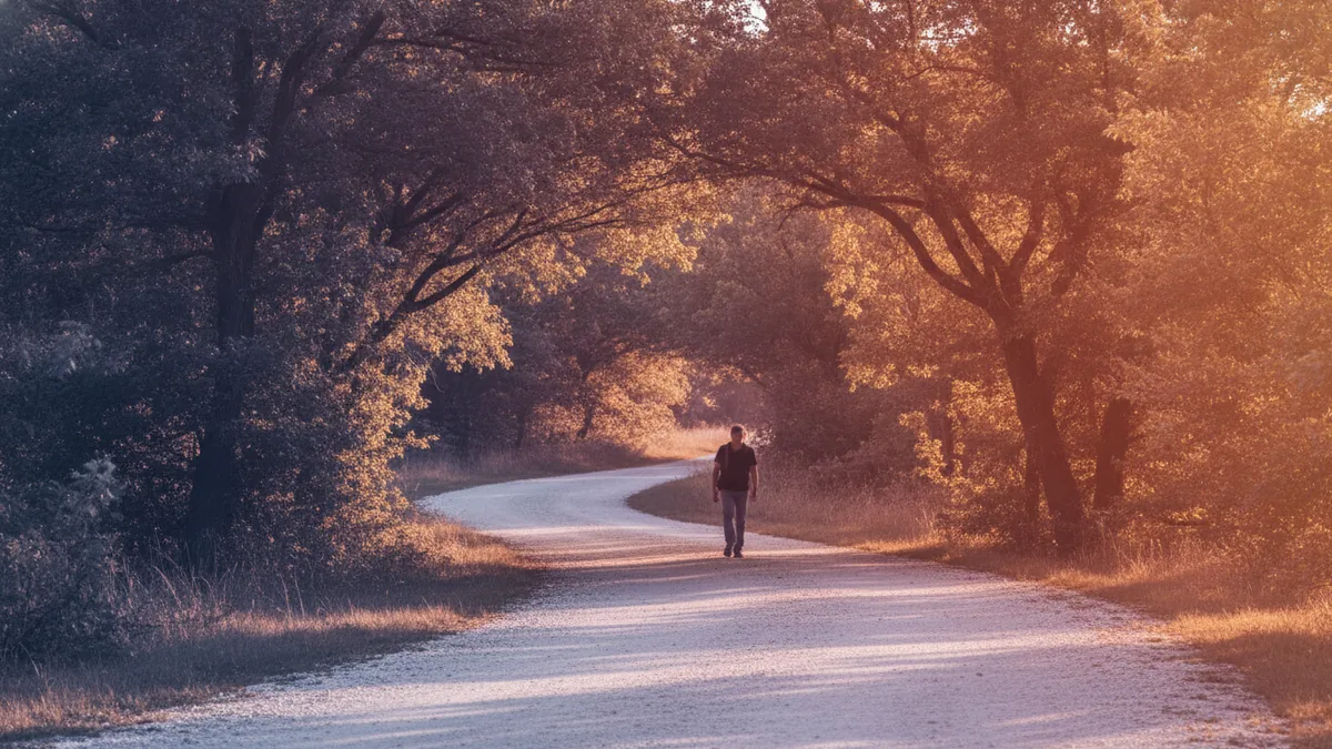 Person walking from shadow into warm daylight along a peaceful outdoor path