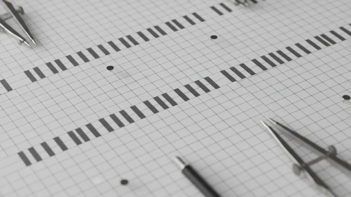 Close view of a grid with repeated blocks and consistent spacing intervals