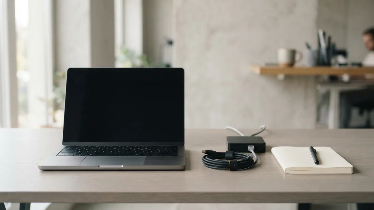 Organized technology desk showing tools used in a SaaS sales workflow