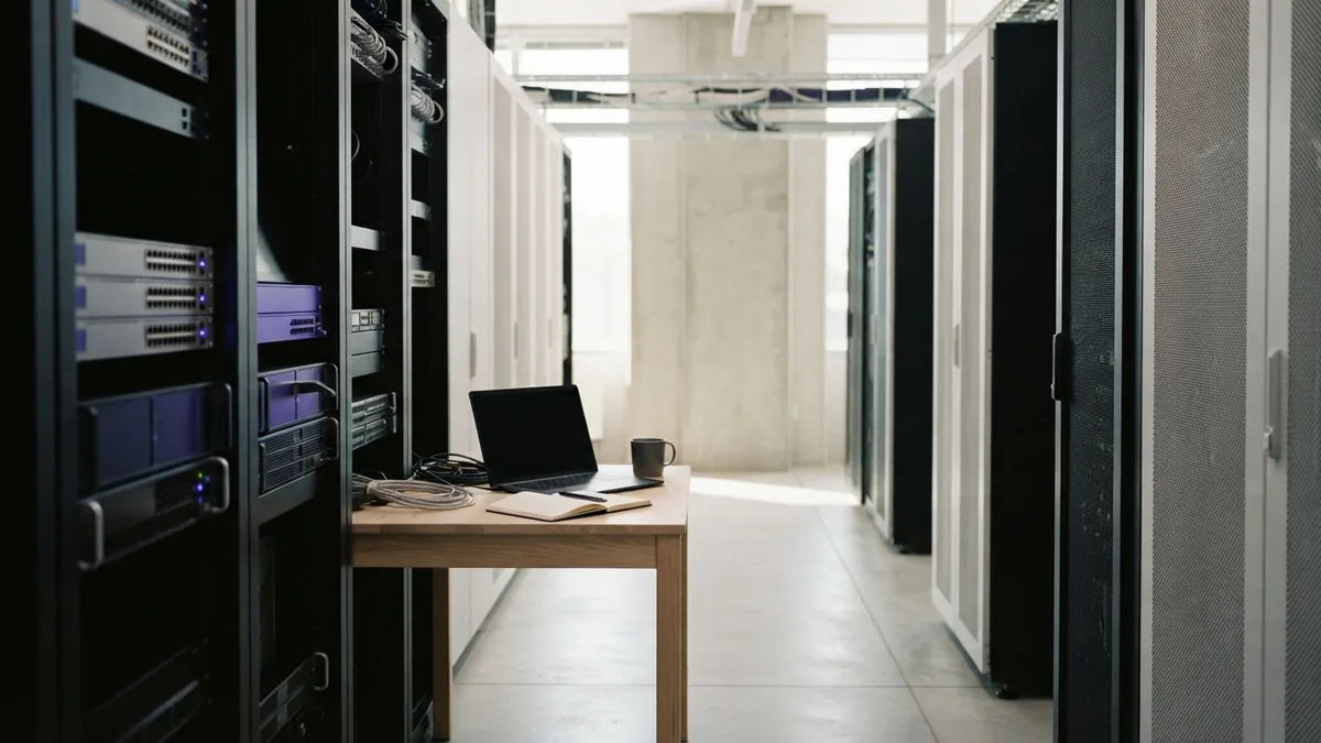Minimal server aisle and network hardware representing SaaS sales infrastructure