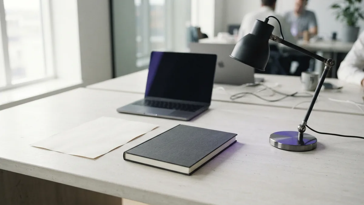 Study desk with blank parchment, closed book, and soft indigo light