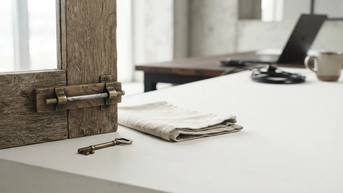 Closed gate latch and key arranged in a bright, restrained still life