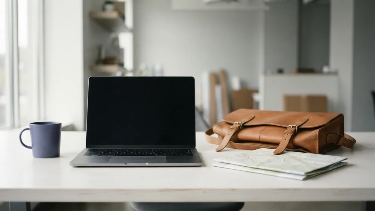 A simple travel scene for Paul’s mission Travel desk with blank map, leather satchel, and dark laptop