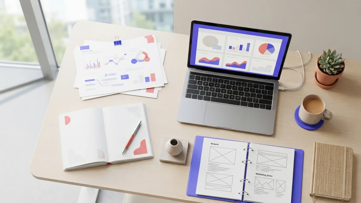Managing Shopify store development Developer reviewing ecommerce performance notes beside a laptop and desk planner