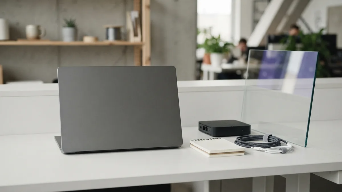 Minimal desk with laptop, cables, glass, and network hardware representing connected services