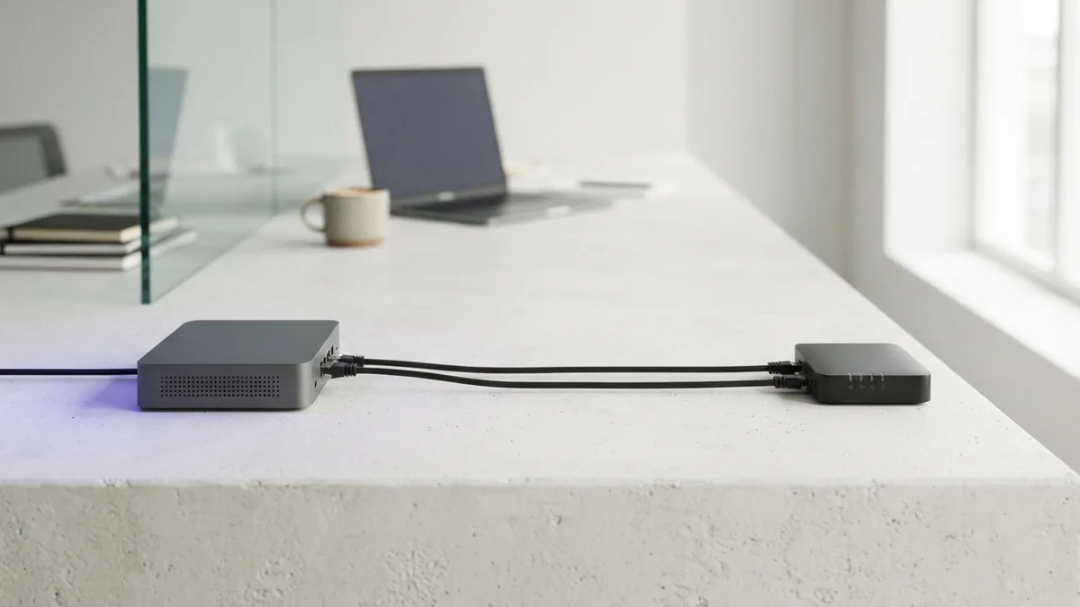 Comparing two API approaches Two network devices and aligned cables showing a clear contrast between API approaches