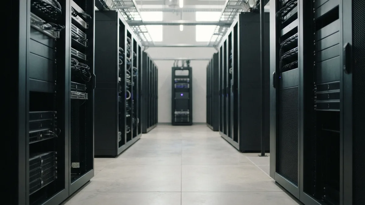Reliable systems at enterprise scale Bright server aisle with clean racks and subtle indigo-violet accent lighting