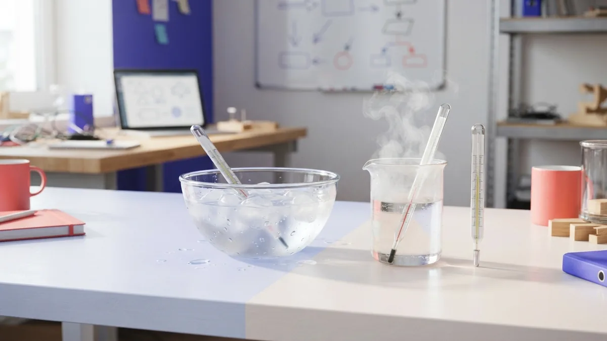 Water points across temperature scales Water and ice beside thermometers showing key freezing and boiling points