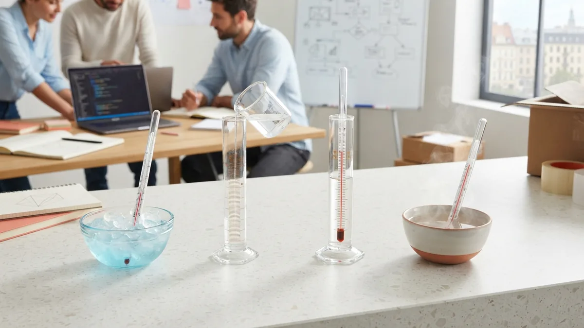 Temperature conversion examples Laboratory thermometers arranged beside measuring tools for worked examples