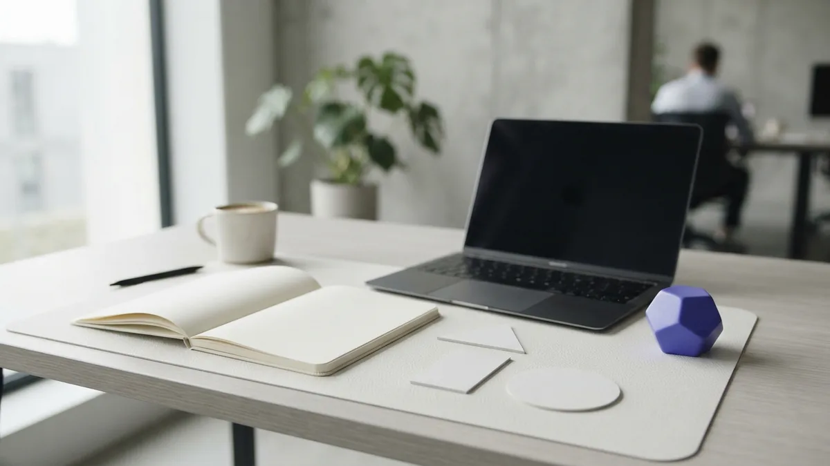 Planning materials for a design brief Blank planning notebook and laptop arranged on a clean desk for a design brief