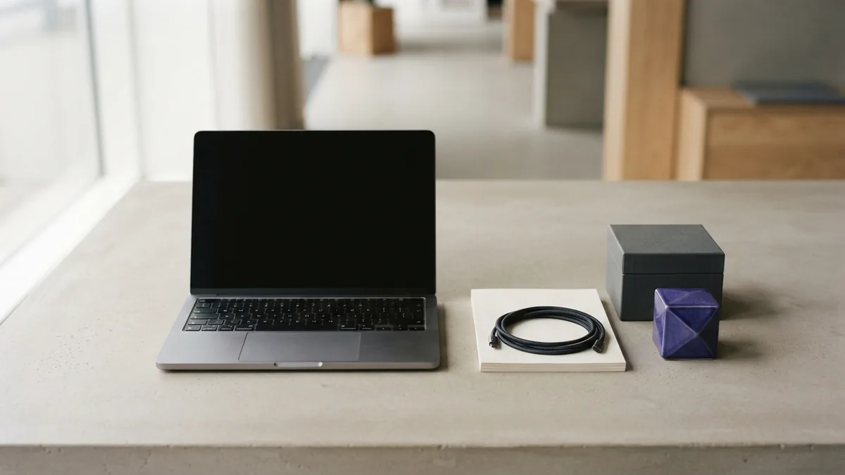 Organized desk for reviewing case records Clean desk with blank papers, laptop, cables, and a restrained indigo accent for legal review