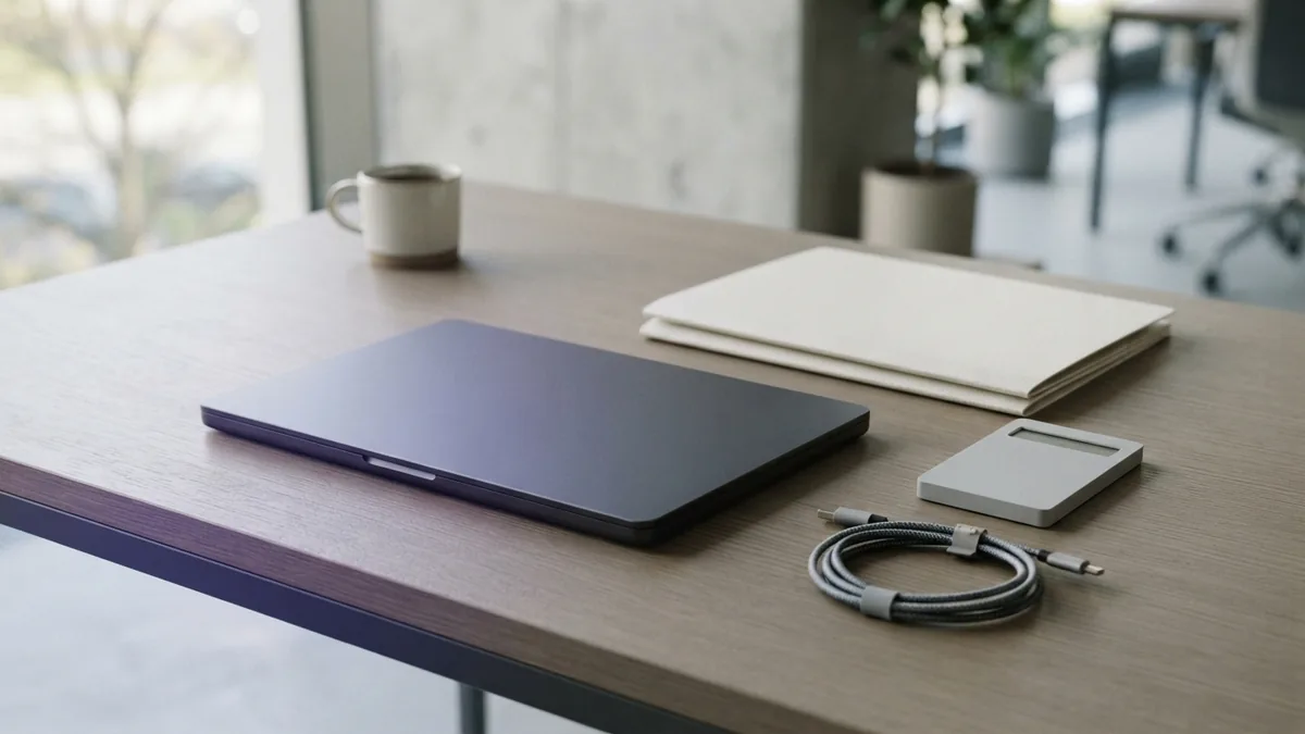 Careful review of records and case details Orderly workspace with blank folders, closed laptop, cables, and subtle violet light