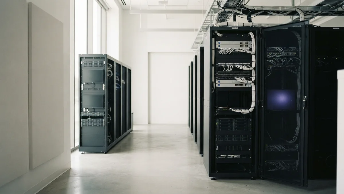Network hardware behind a unified API Bright server aisle and network hardware representing connected software systems