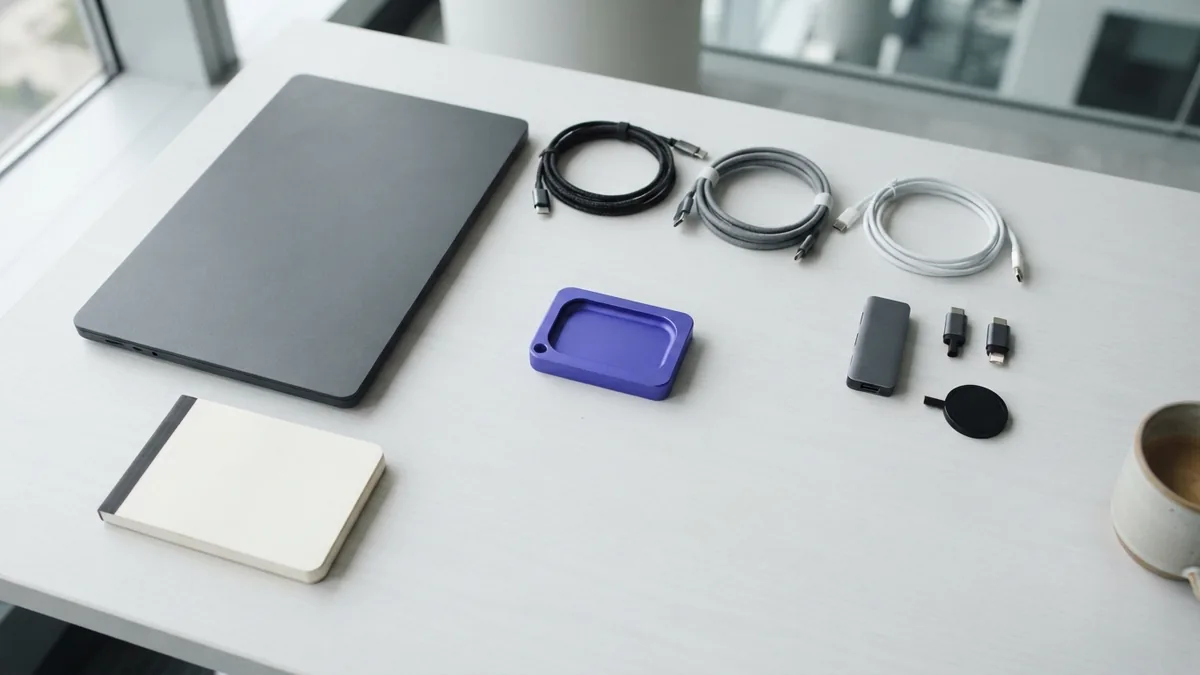Organized tools for building API integrations Organized desk with cables and hardware showing key integration features