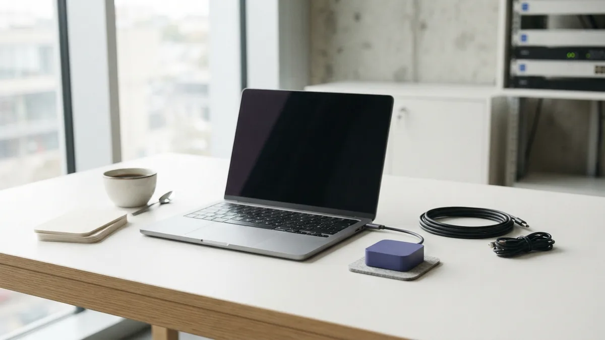 Clean desk with laptop and organized equipment for choosing an API platform