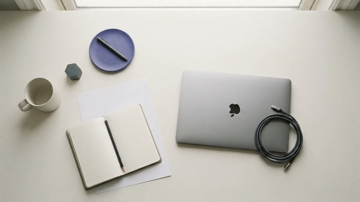 Clean comparison workspace with blank paper, laptop, notebook, and restrained indigo accent