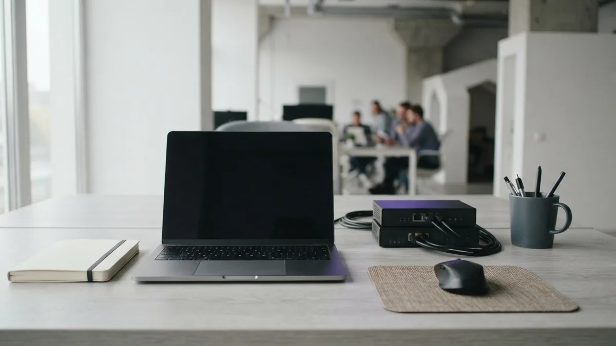 Web design tools on a modern desk Modern web design tools arranged with laptop, network hardware, cables, and blank notebook