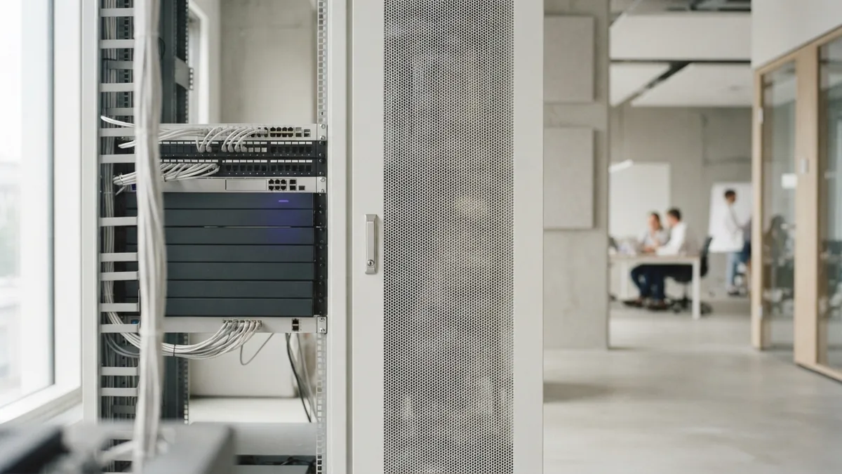 Neat network hardware in a bright server room with a secure cabinet