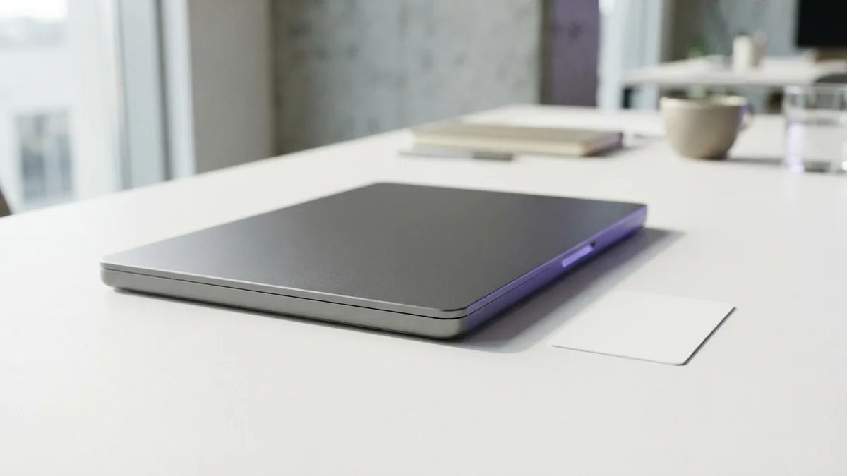 Closed laptop and blank payment card on a clean bright workspace