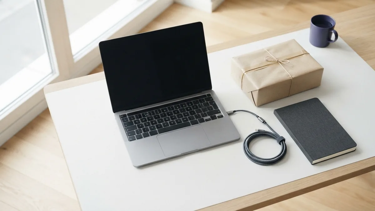 Workspace objects that suggest online retail roles Laptop and parcel arranged on a tidy desk to represent online store roles
