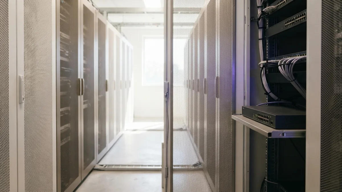 Digital systems supporting online retail growth Minimal server aisle representing the growing tools behind online retail