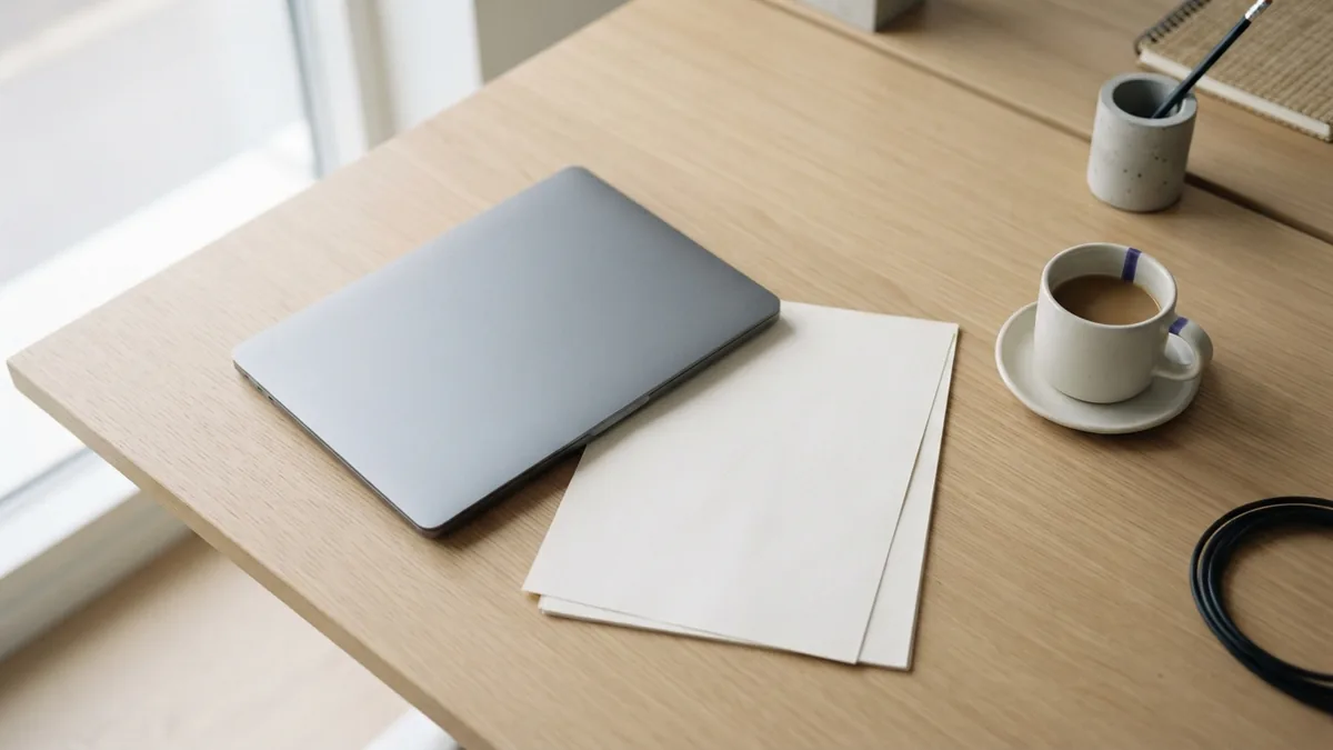 Laptop and simple desk items representing pay planning for e-commerce careers
