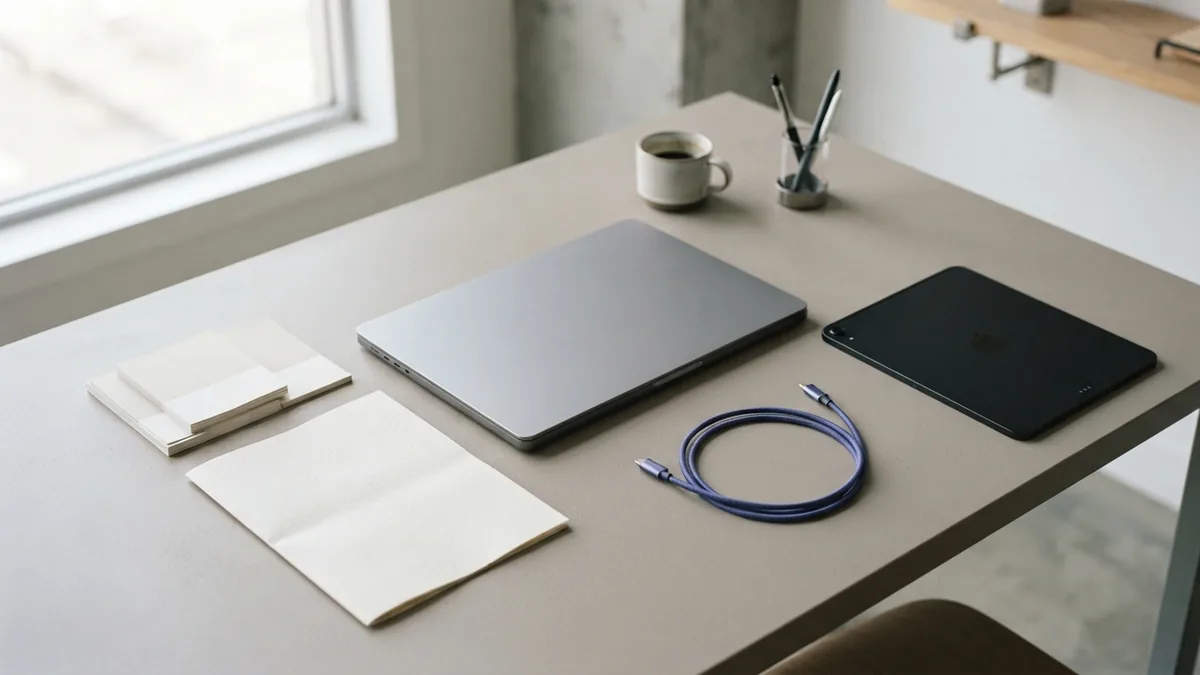 Design tools arranged on a clean desk for varied graphic design roles