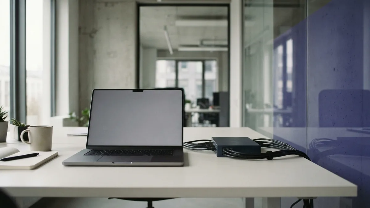Modern digital design workspace with laptop, network hardware, and clean materials