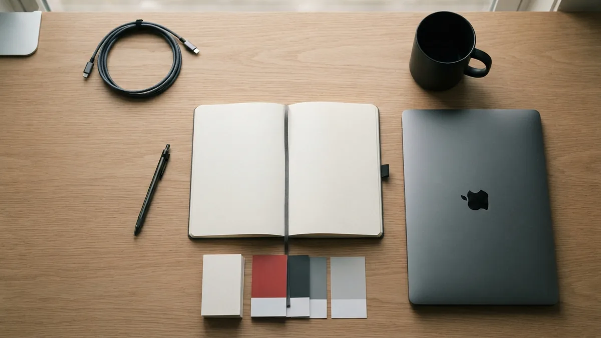 Planning and visual design tools Design tools arranged on a desk to show the contrast between planning and visual craft