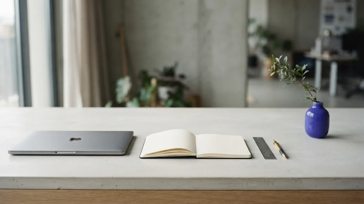 Minimal design studio desk with a laptop and blank notebook for UX and UI career work