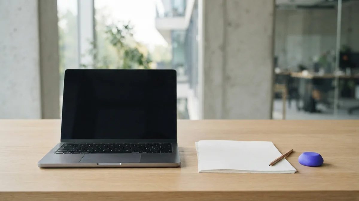 A workspace for exploring design careers Clean creative desk with a closed laptop and blank paper for design work