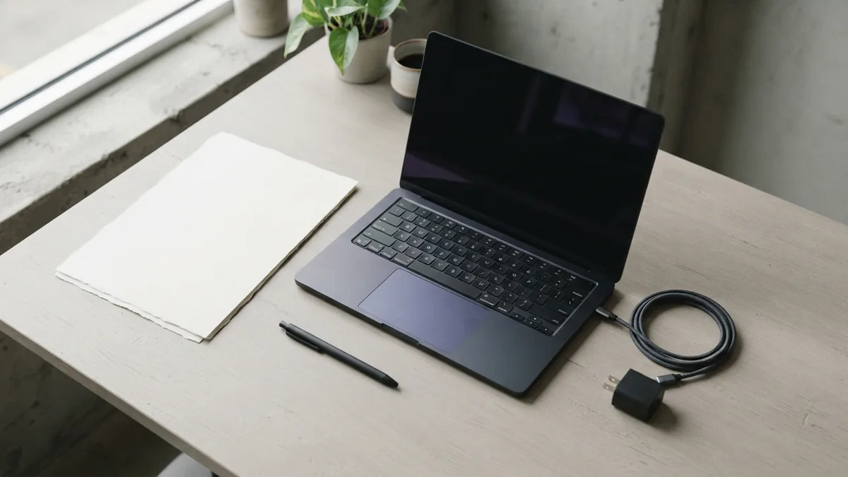 Tools and materials for design practice Blank paper and a dark-screen laptop arranged for graphic design practice