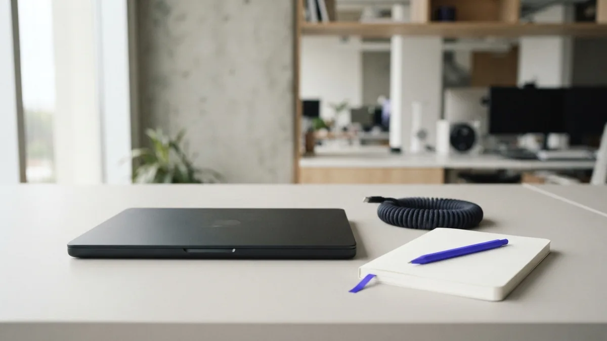 Clean technology workspace with a closed laptop and blank notebook for design careers