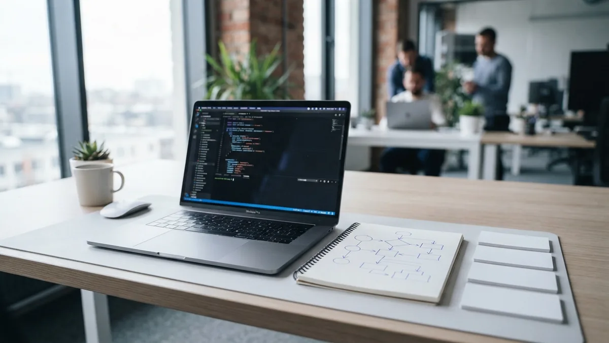 Laptop and planning tools representing front-end, back-end, API, and testing work