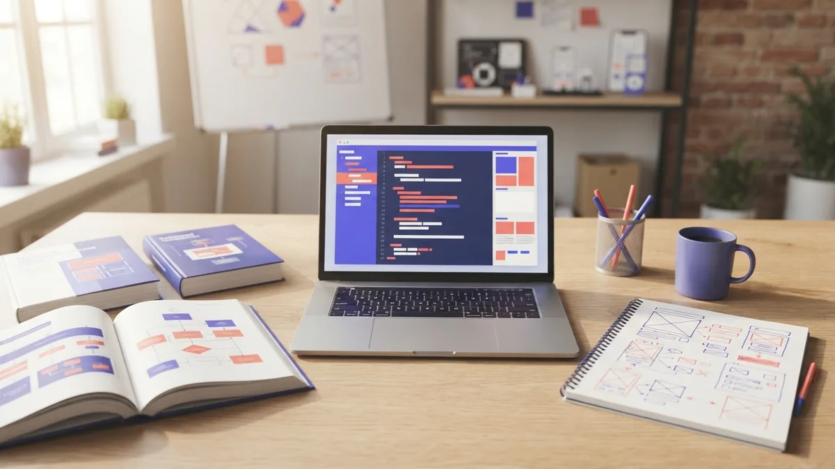Study desk with laptop and books for learning programming and full stack development