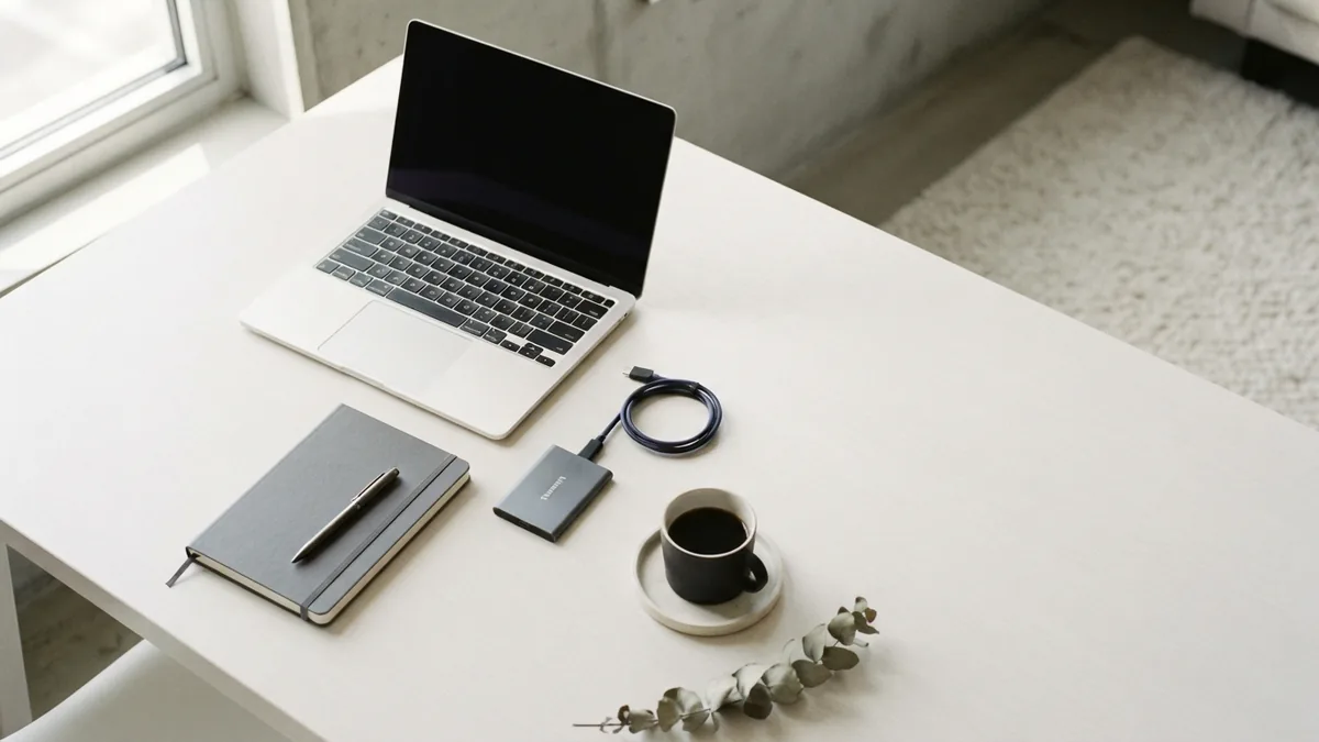 Tools that support broad development skills Laptop and simple desk tools arranged to suggest front-end, server, and database skills
