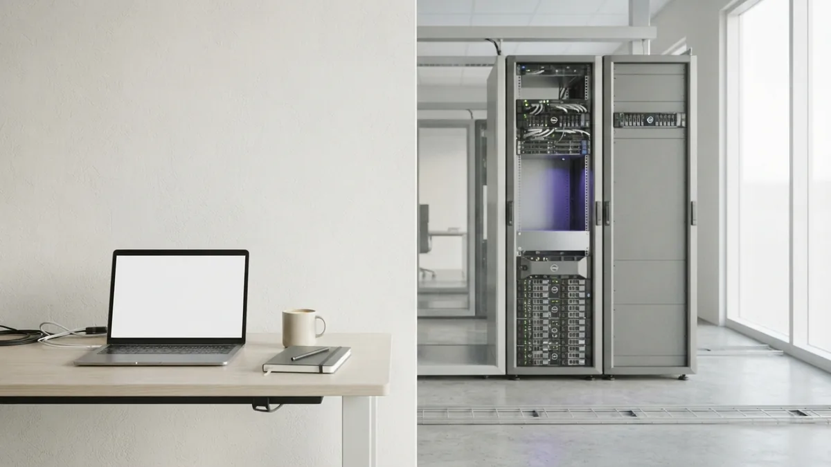 Minimal server hardware beside a tidy desk, showing the layers behind web software